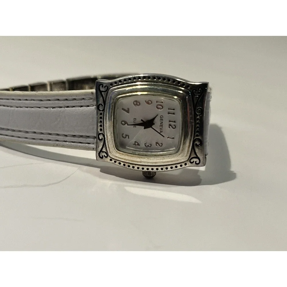 Geneva Elite Watch Women's Silver Tone Ornate White Leather Band- New Battery